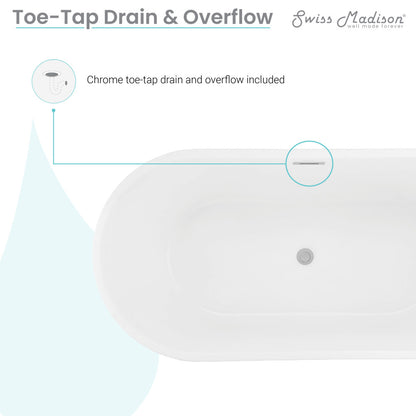Freestanding soaking bathtub 60 inch, matte white interior, matte black exterior, center drain.