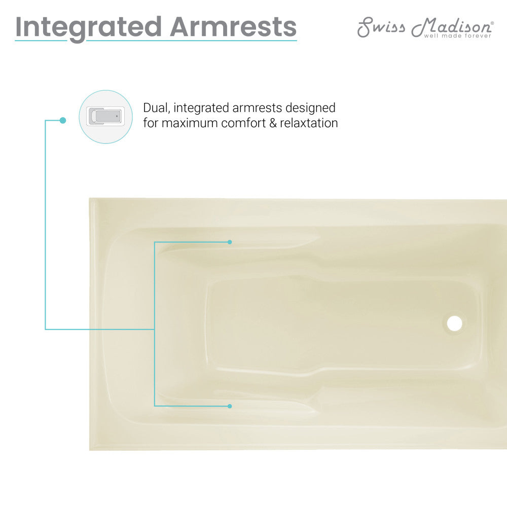 Alcove apron-front bathtub 54x30 inch in bisque with right-hand drain and integrated armrests.