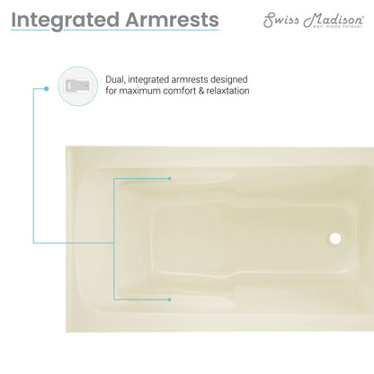 Alcove apron-front bathtub 54x30 inch in bisque with right-hand drain and integrated armrests.