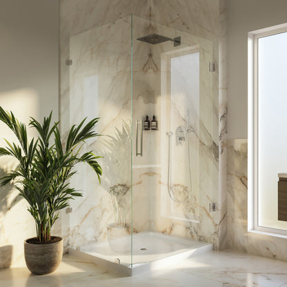 Voltaire 60" x 32" Double-Threshold Right Corner Shower Pan Base with Center Drain in Glossy White