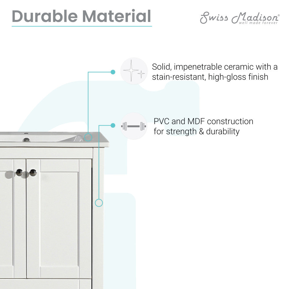 24-inch freestanding white bathroom vanity with single sink and two-door cabinet.