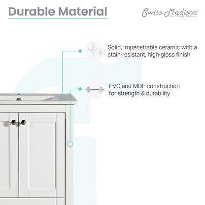 24-inch freestanding white bathroom vanity with single sink and two-door cabinet.