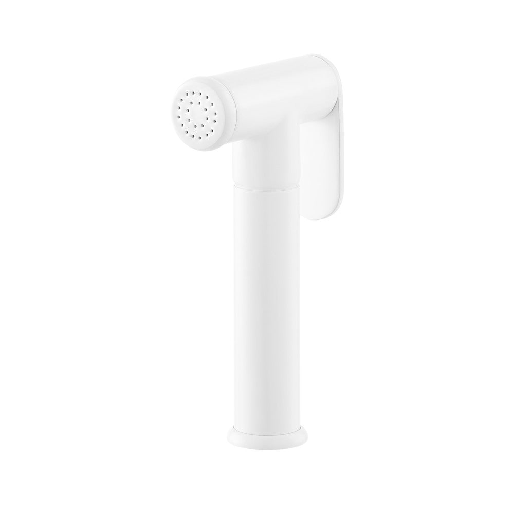Widespread kitchen faucet side sprayer in matte white with ergonomic handle and spray nozzle.