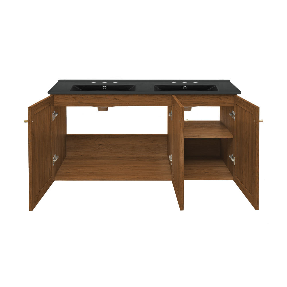 Classe 48" Wall-Mounted Bathroom Vanity in Brown Oak with Black 3-Hole Widespread Double Basin Sink Top