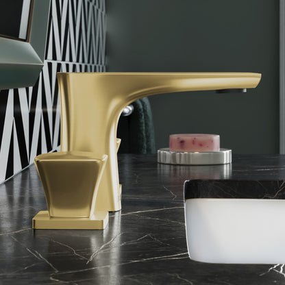 Monaco widespread bathroom faucet in brushed gold, two-handle design.