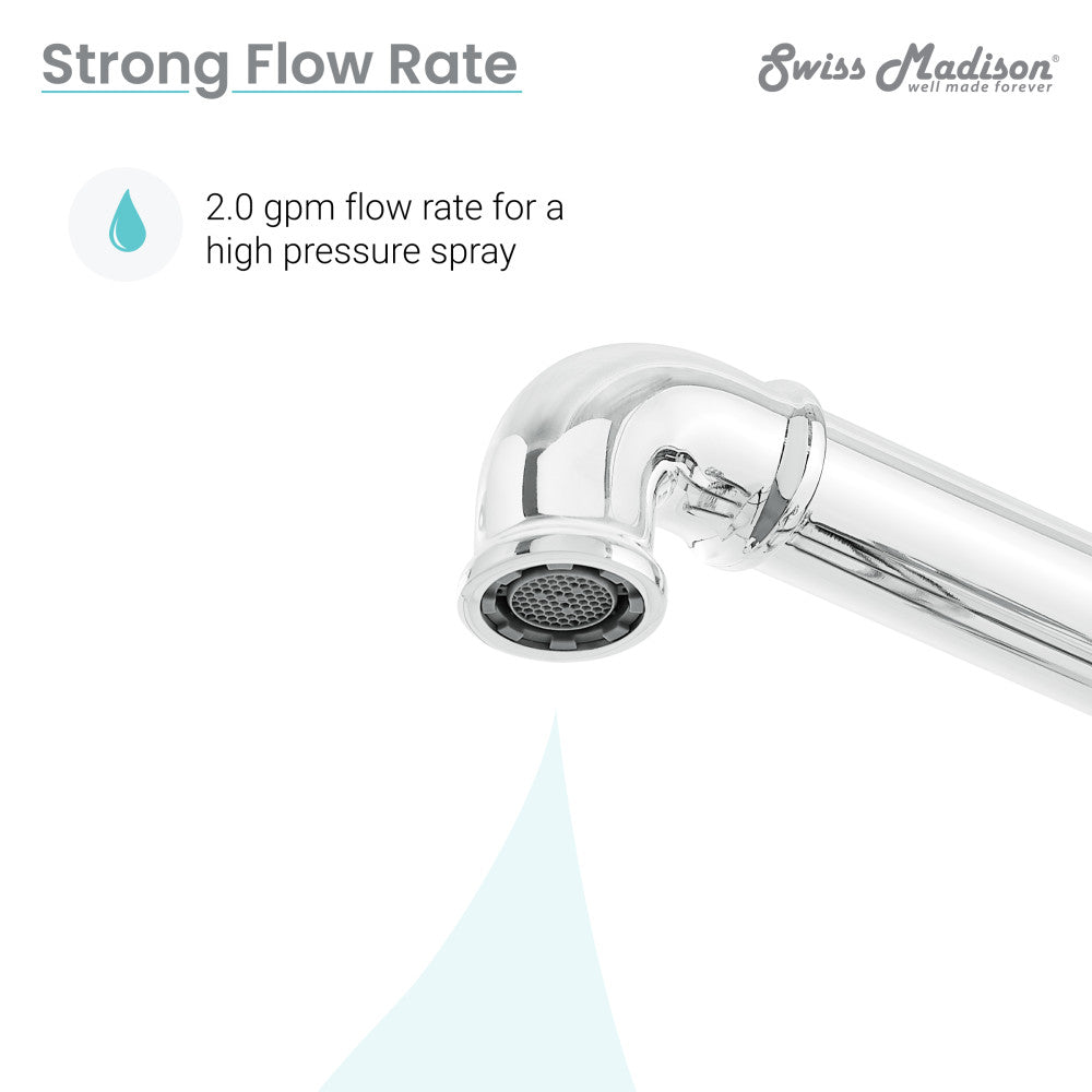 Widespread kitchen faucet in chrome with side sprayer and curved spout.