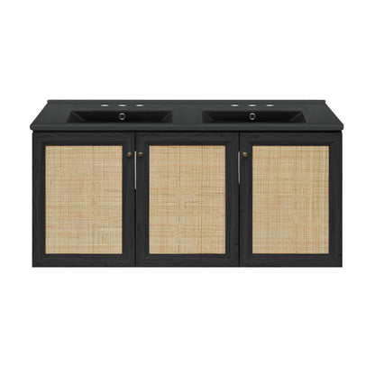 Classe 48" Wall-Mounted Bathroom Vanity in Black Oak with Black 3-Hole Centerset Double Basin Sink Top