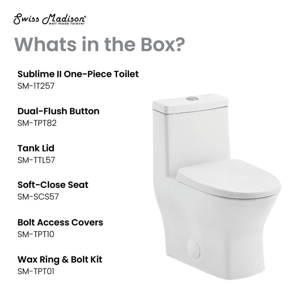 Round one-piece compact toilet in glossy white with dual top flush and soft-close seat.