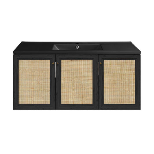 Classe 48" Wall-Mounted Bathroom Vanity in Black Oak with Black Sink Top