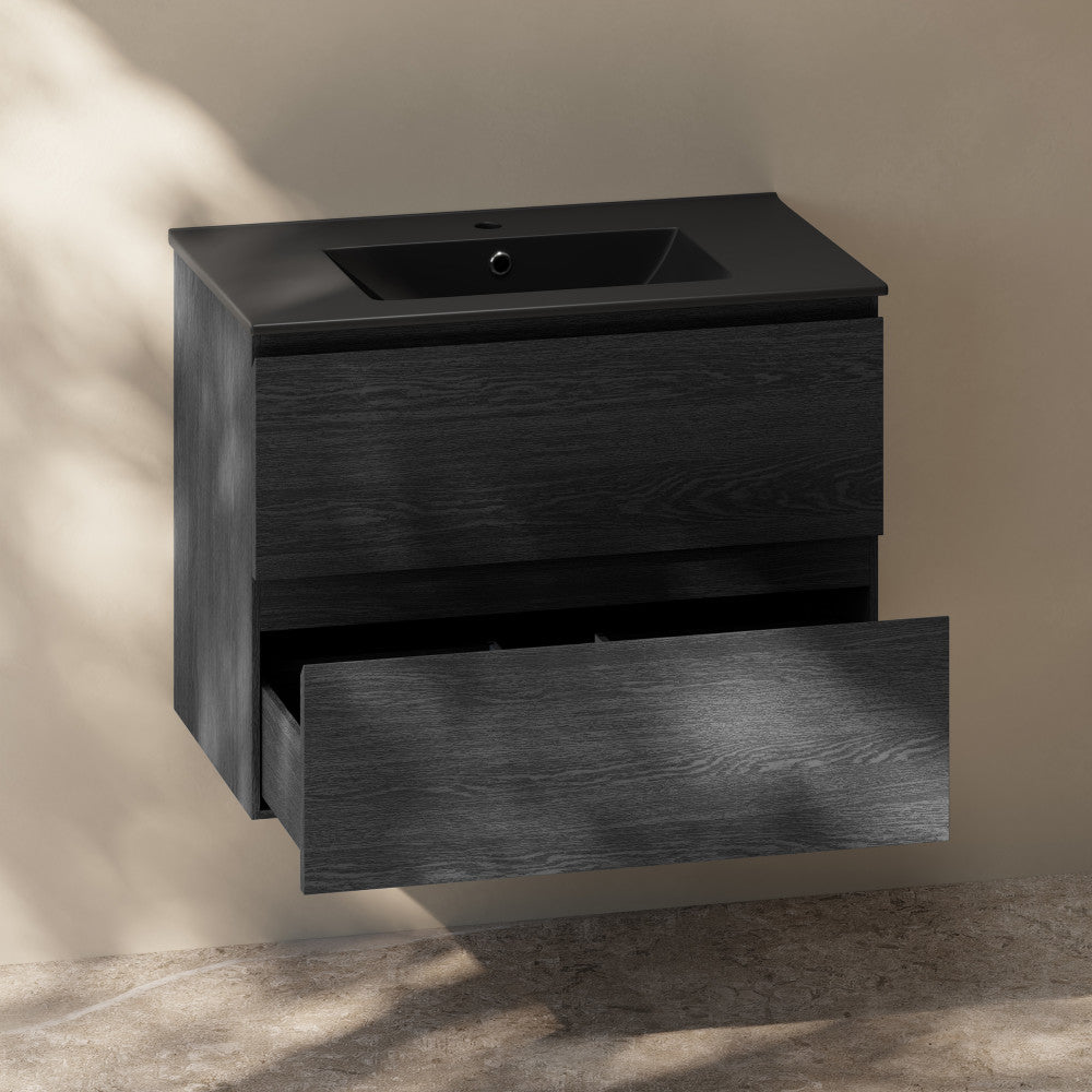 Liberte 30" Wall-Mounted Bathroom Vanity in Black Oak with Black Sink Top