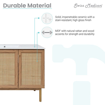 48-inch freestanding bathroom vanity in golden oak with single sink and natural rattan accents.