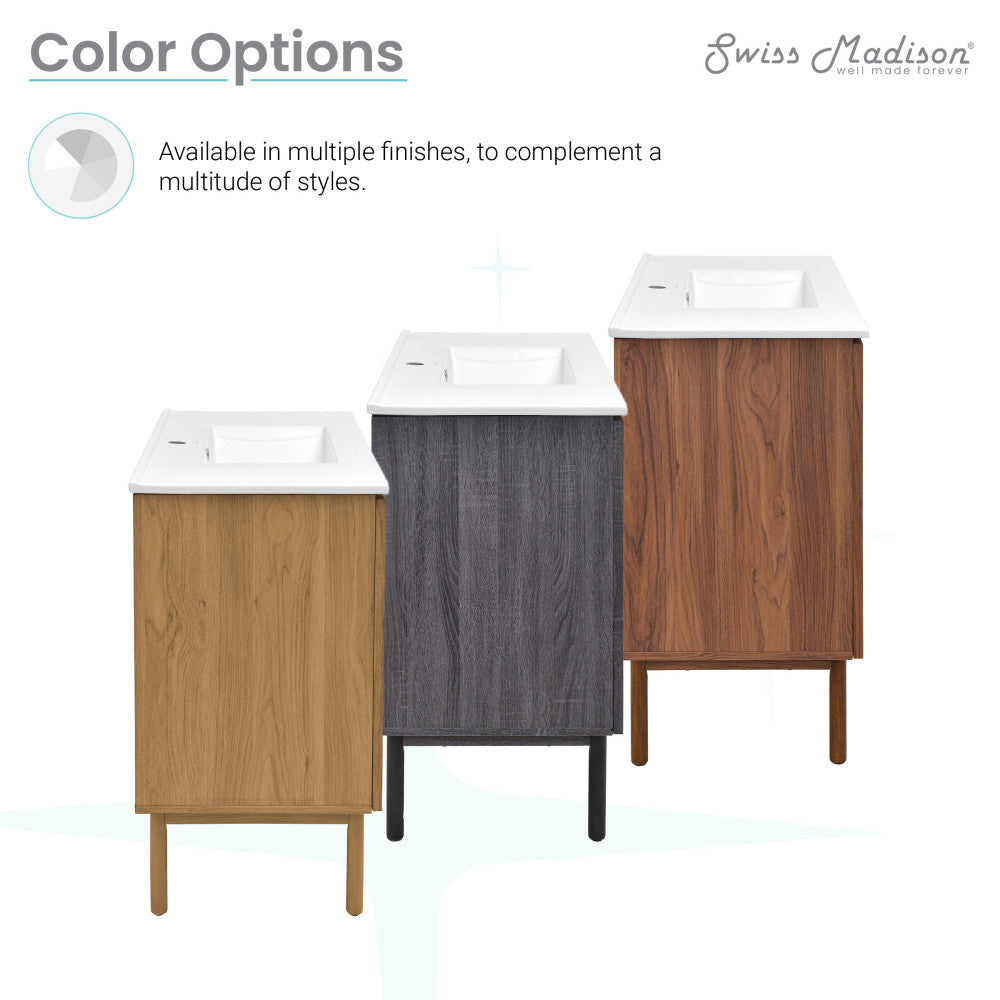 36-inch freestanding bathroom vanity in golden oak with single sink and white countertop.