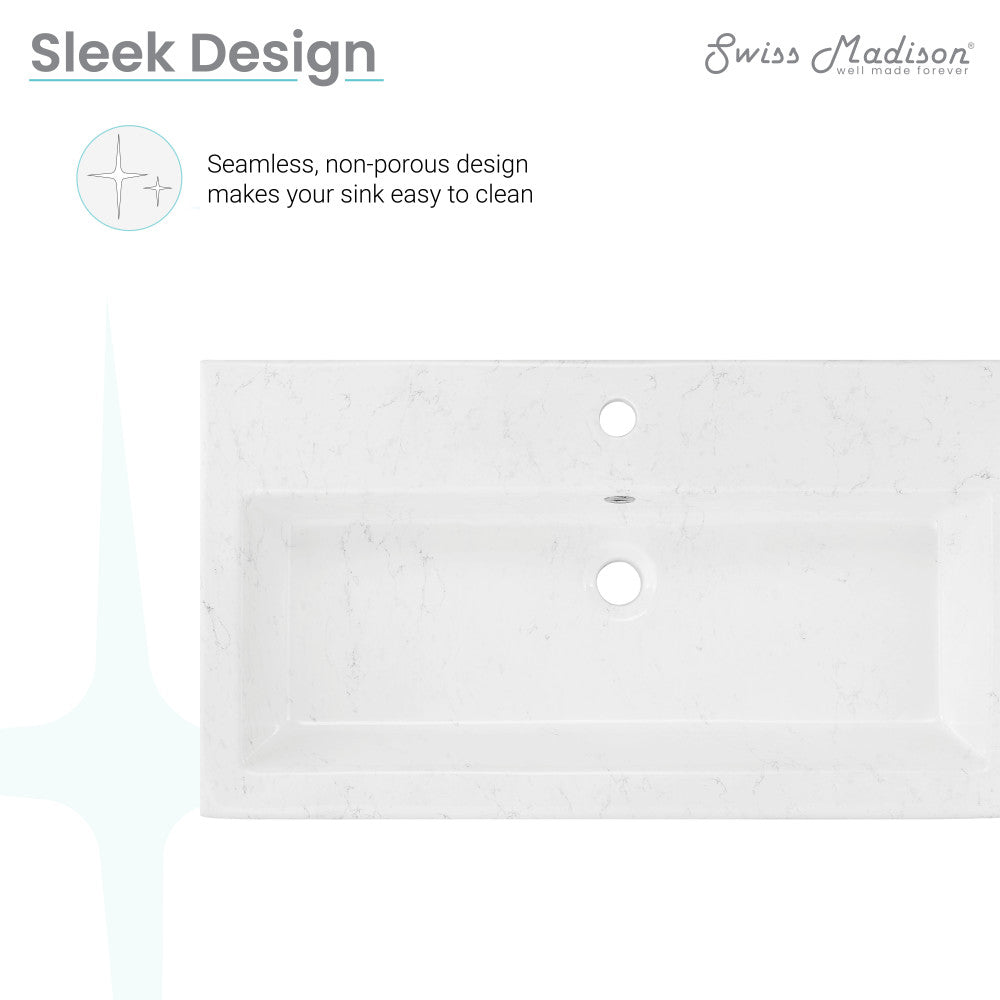 Wide rectangular wall-hung bathroom sink in white static marble with center faucet hole and integrated drain hole.