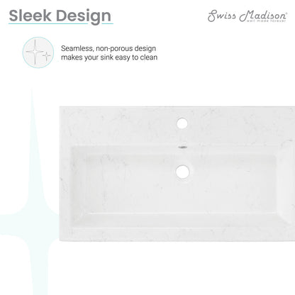 Wide rectangular wall-hung bathroom sink in white static marble with center faucet hole and integrated drain hole.