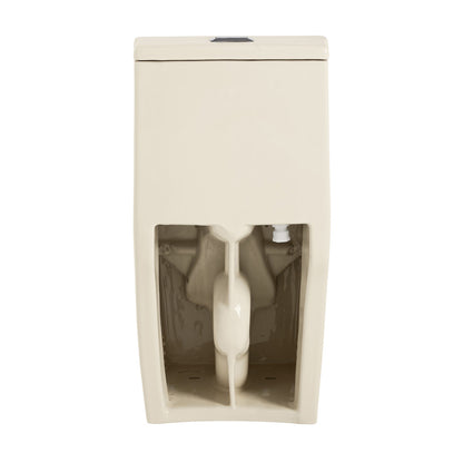 One-piece square toilet in bisque with dual flush and compact design.