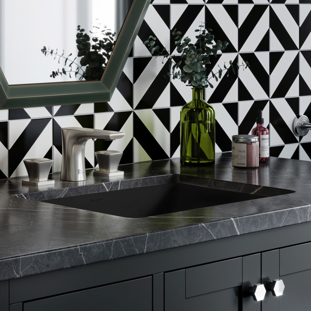 18.5" rectangular undermount bathroom sink in matte black with sleek modern countertop cutout.