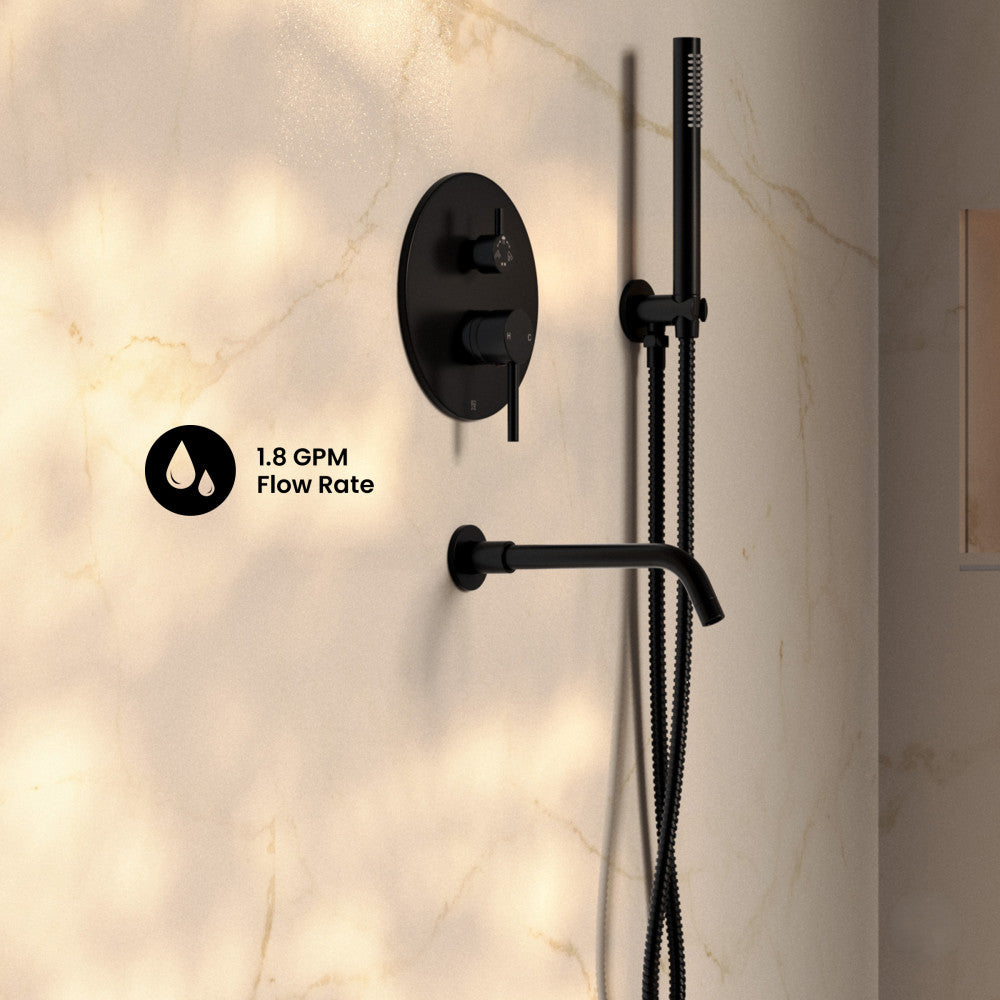 Ivy 1.8 GPM Wall Mount Fixed Shower Head with Hand Sprayer and Tub Filler in Matte Black, Valve Included