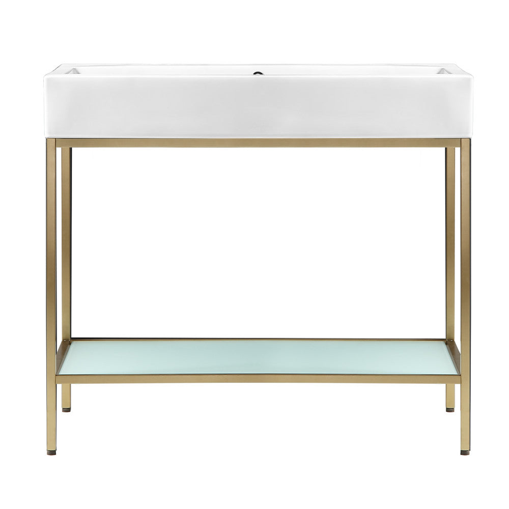 40-inch freestanding bathroom vanity with gold open frame and white sink top, open shelf design.