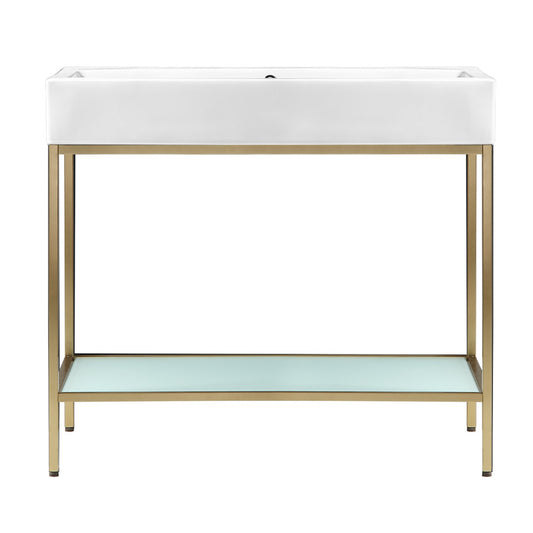 40-inch freestanding bathroom vanity with gold open frame and white sink top, open shelf design.