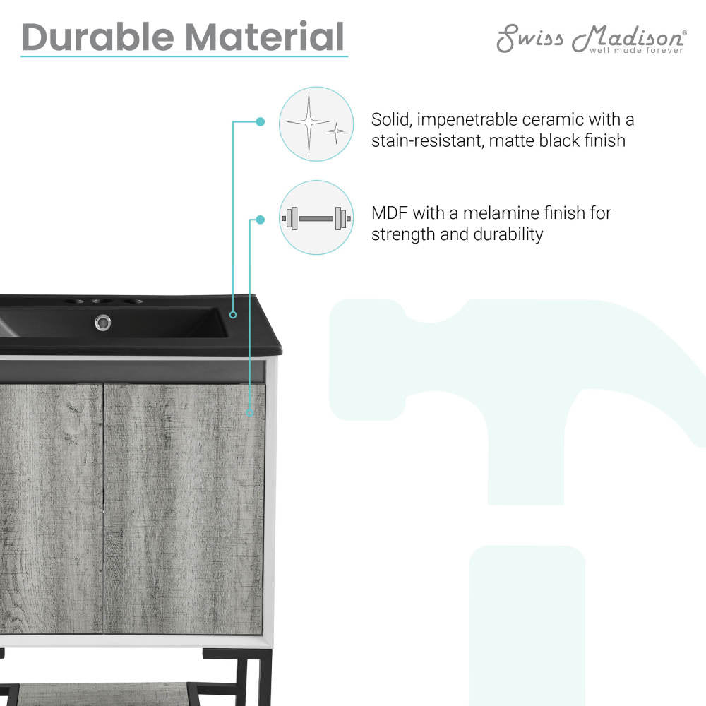 Marseille 24 in. Gray Oak Bathroom Vanity With Black, 3-Hole Ceramic Sink Top