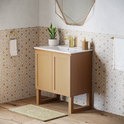 30-inch freestanding natural oak bathroom vanity with single sink and paneled doors.