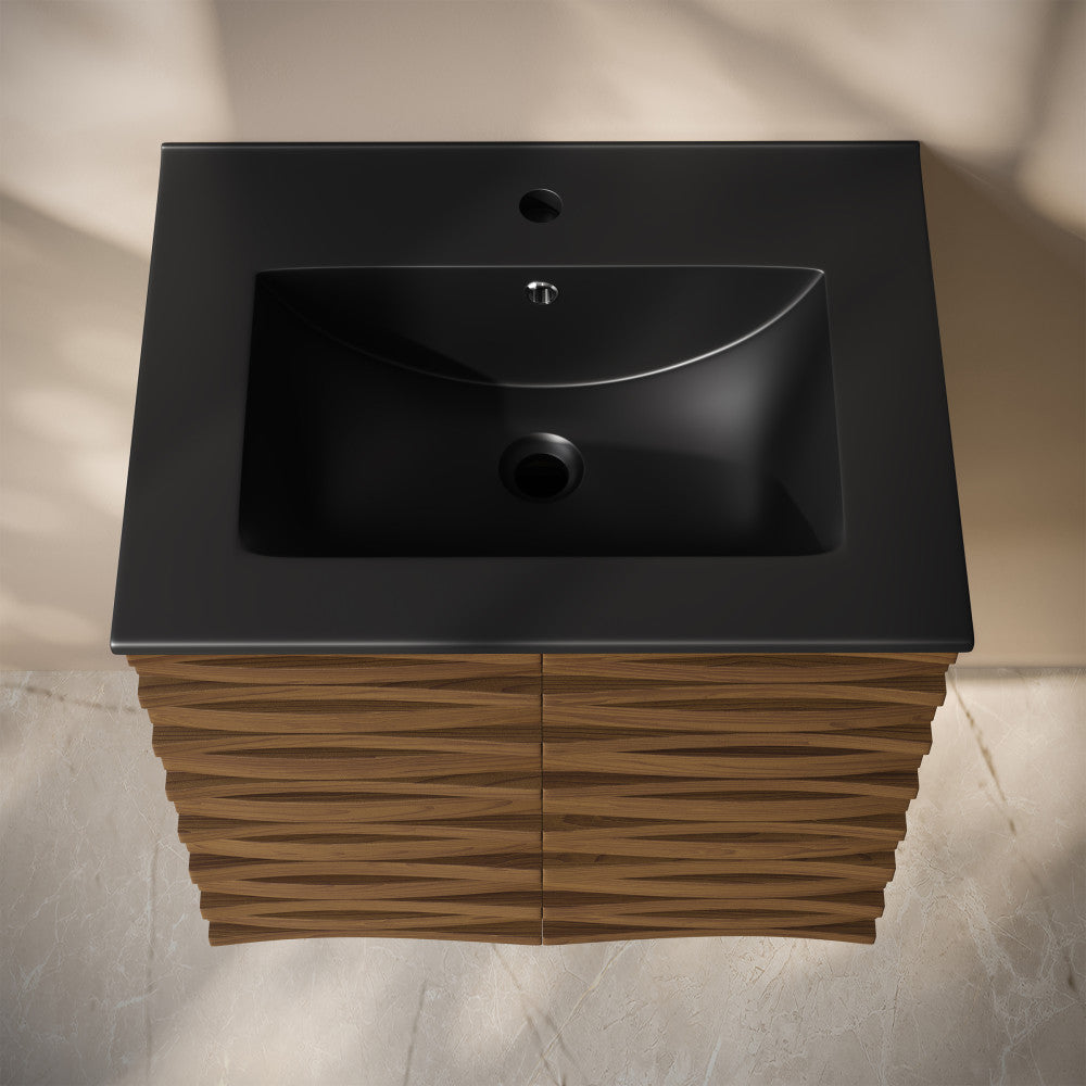 Cascade 24" Wall-Mounted Bathroom Vanity in Brown Oak with Black Sink Top