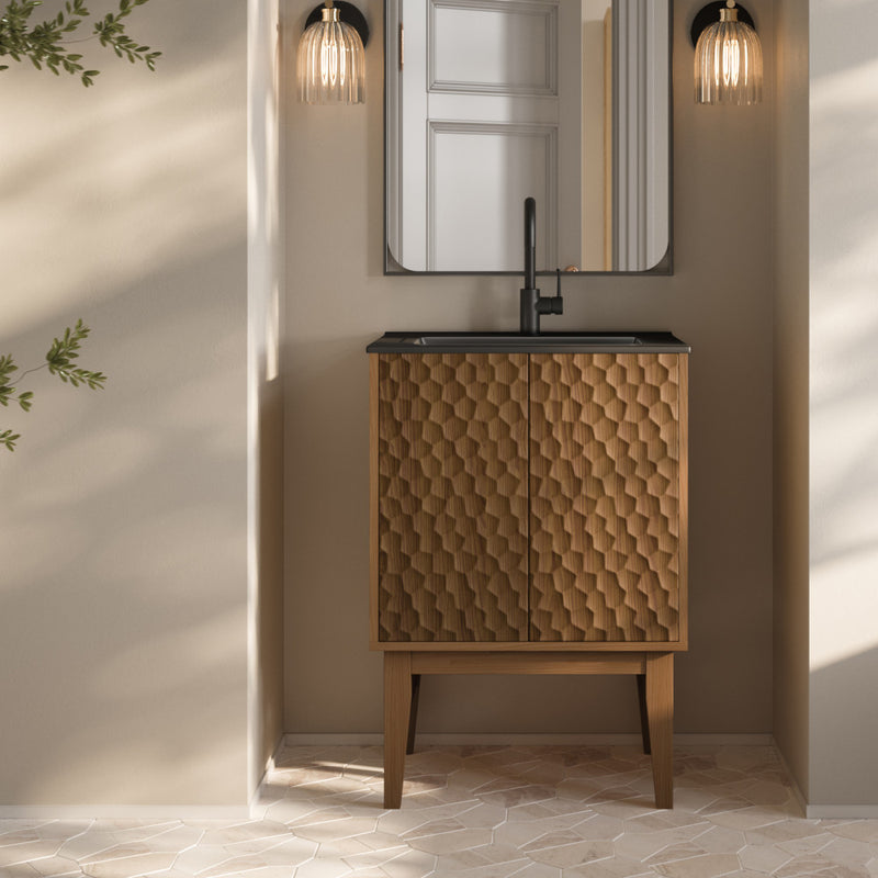 Bosse 24" Freestanding Bathroom Vanity in Brown Oak with Black Sink Top