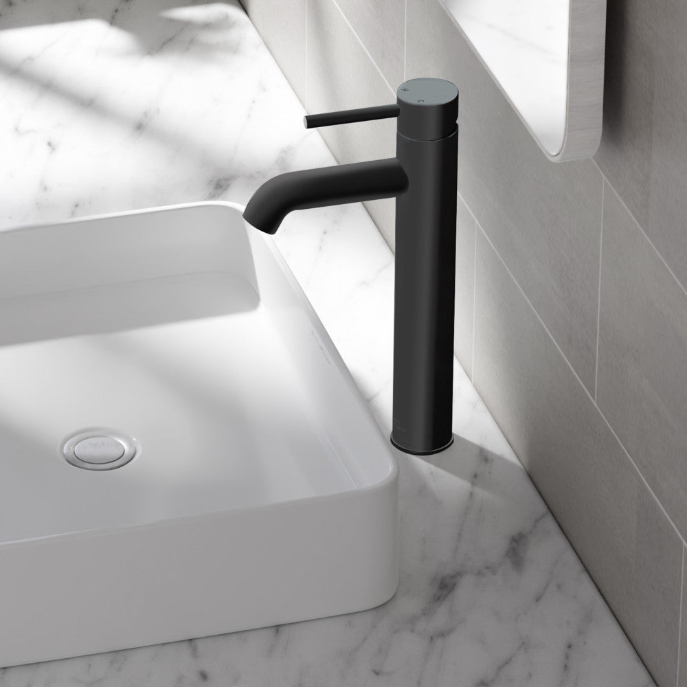 Single-handle high arc bathroom faucet in matte black with cylindrical spout and lever handle.