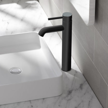 Single-handle high arc bathroom faucet in matte black with cylindrical spout and lever handle.