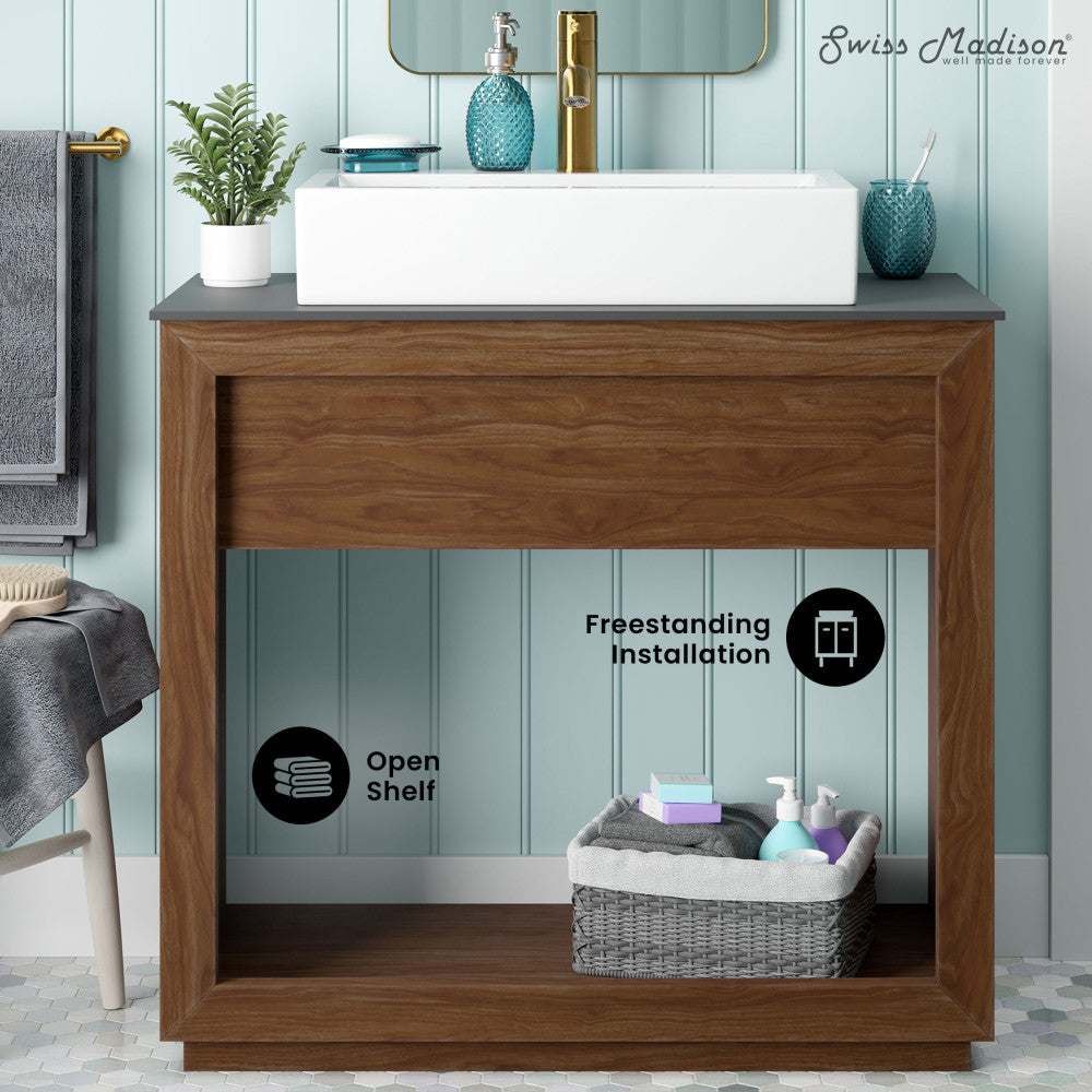 36-inch freestanding bathroom vanity in walnut with slate countertop and single hole vessel sink.
