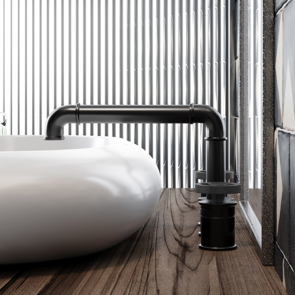 Widespread 2-handle bathroom faucet in matte black with wheel handles and curved spout.