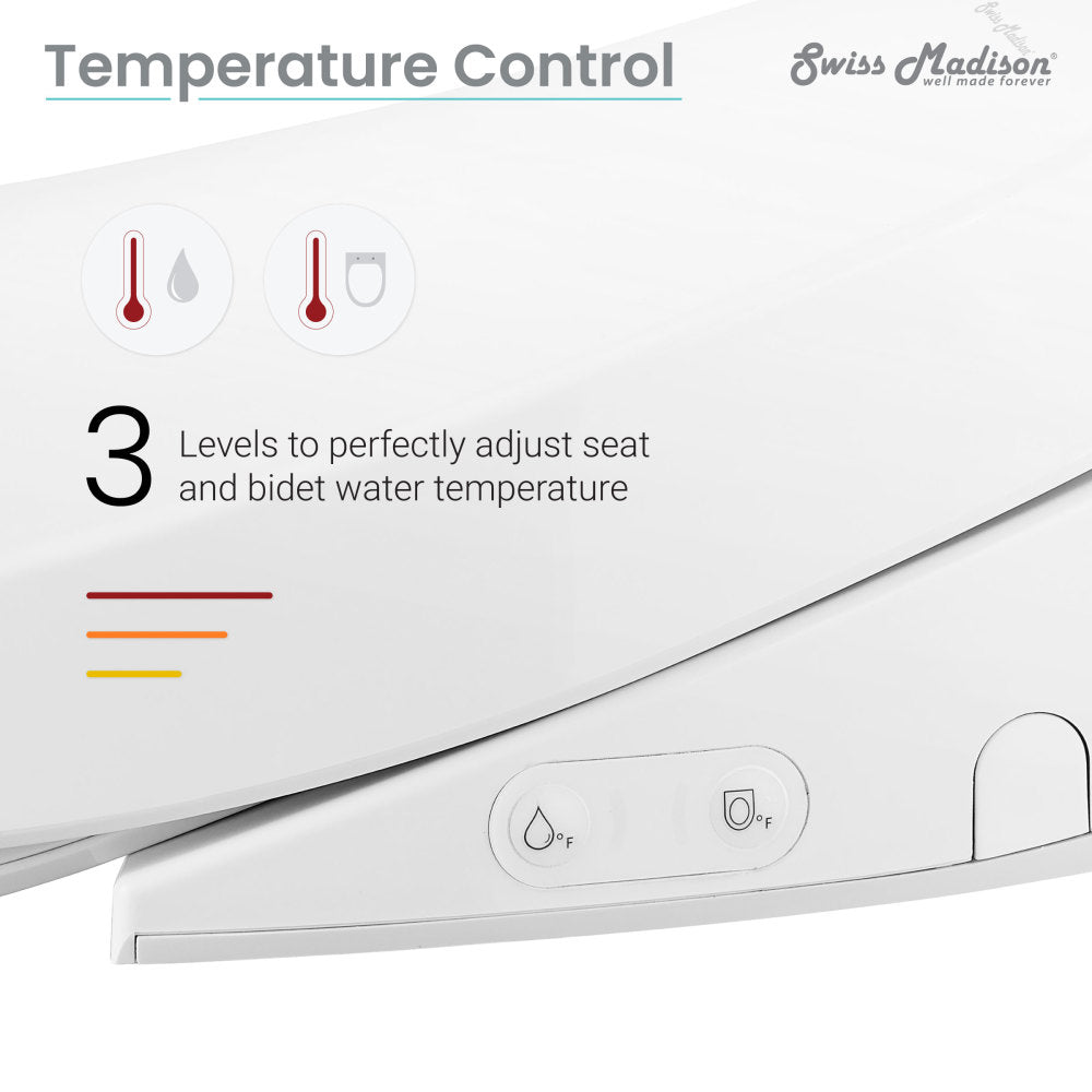 White smart toilet seat bidet with temperature control and side panel buttons.