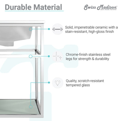 30-inch wall-mounted bathroom vanity with chrome metal frame, single sink, and open shelf.