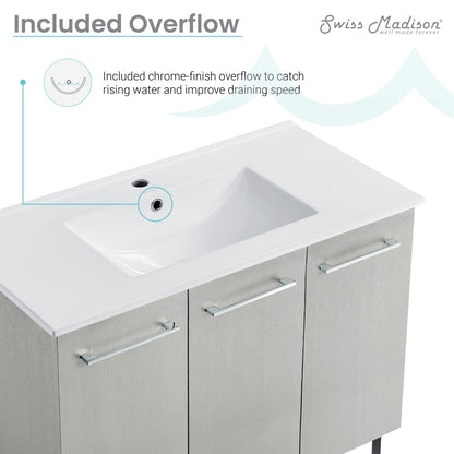 36-inch freestanding gray bathroom vanity with white sink top, soft-close doors, and chrome handles.