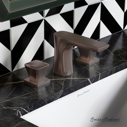 Widespread bathroom faucet in oil rubbed bronze, 2-handle design, sleek angular spout and lever handles.