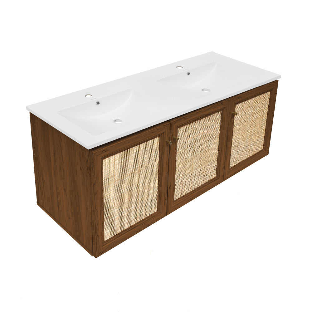 Classe 48" Wall-Mounted Bathroom Vanity in Brown Oak with Double Basin Sink Top