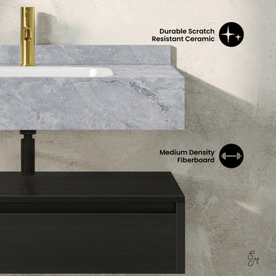 Avancer 36" Wall-Mounted Bathroom Vanity in Black Oak with Storm Gray Sink Top