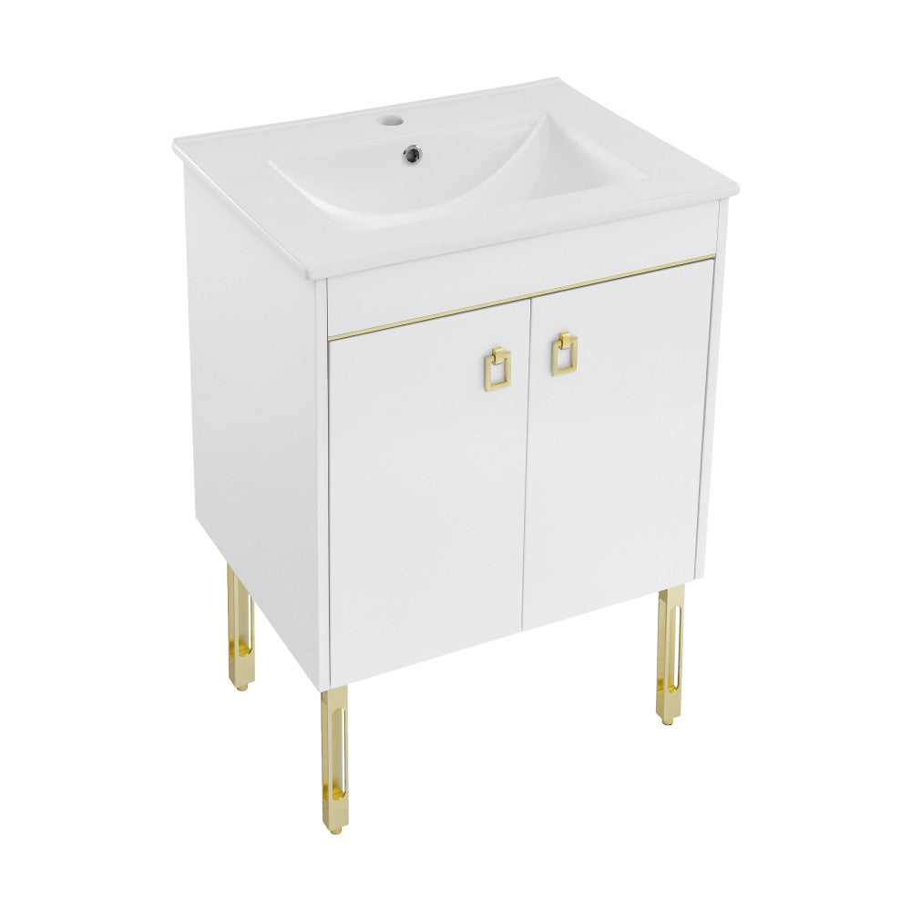 24-inch freestanding white bathroom vanity with single sink and gold-accented legs and hardware.
