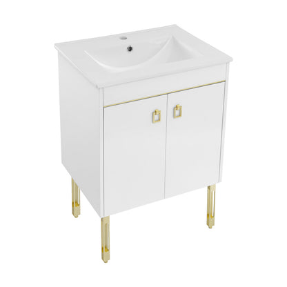 24-inch freestanding white bathroom vanity with single sink and gold-accented legs and hardware.