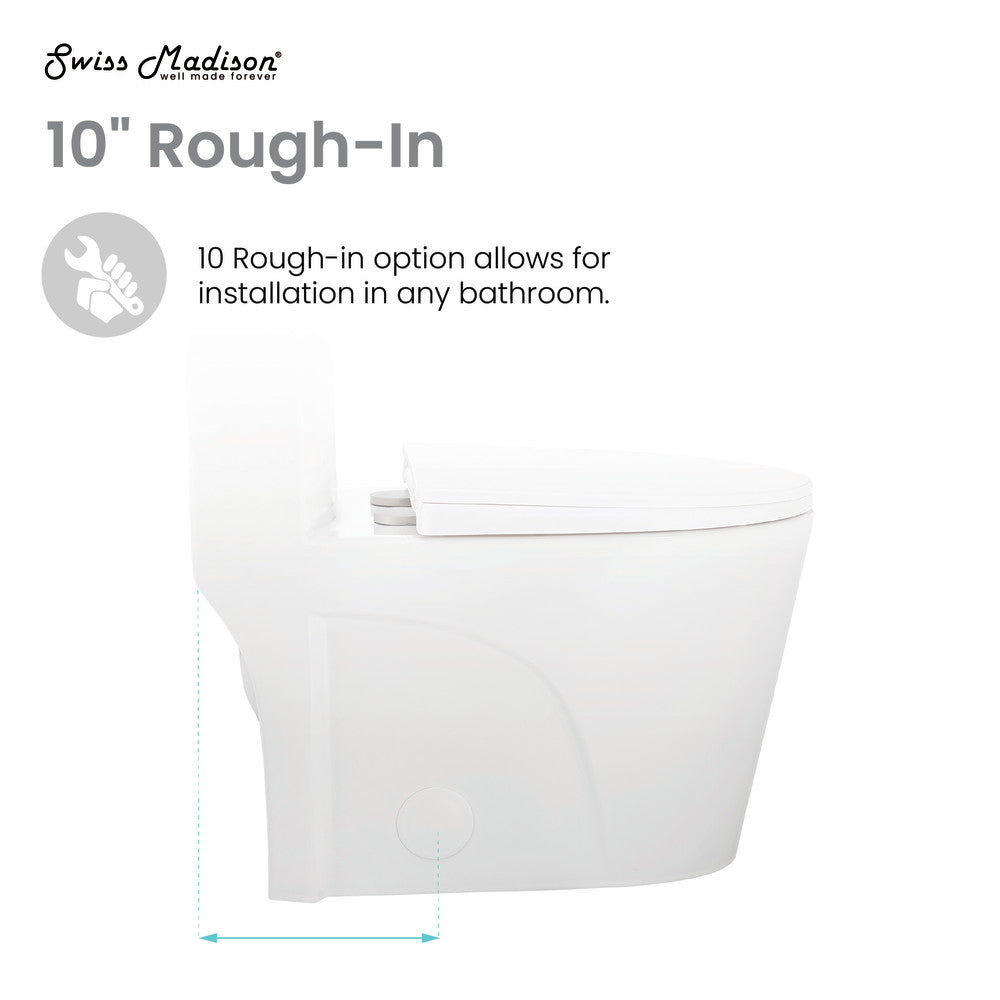 Elongated one-piece toilet with dual vortex flush and 10" rough-in, white ceramic.