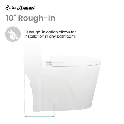 Elongated one-piece toilet with dual vortex flush and 10" rough-in, white ceramic.