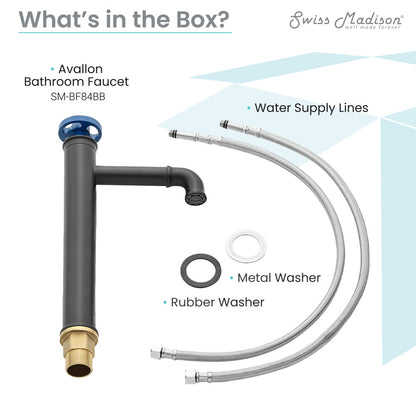 Single-handle bathroom faucet in matte black with high arc spout and blue wheel handle.