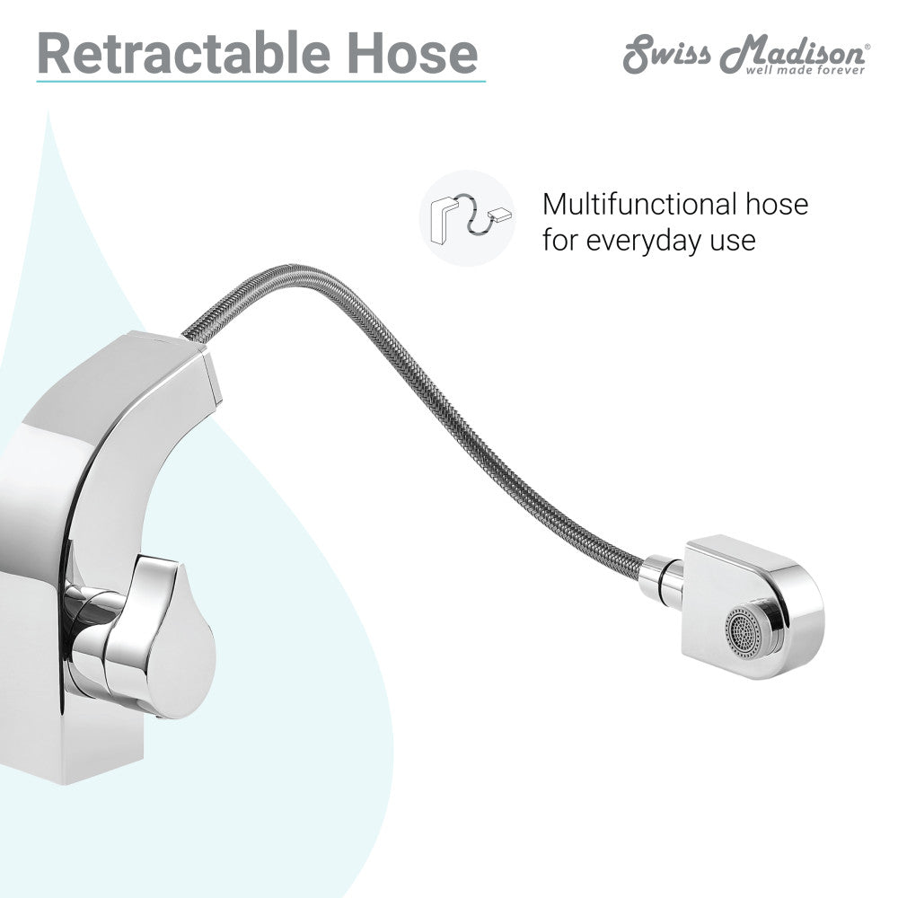 Single-handle chrome bathroom faucet with a sleek curved spout and retractable hose.