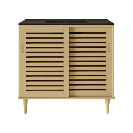 Delice 36" Freestanding Bathroom Vanity in Natural Oak with Black Sink Top
