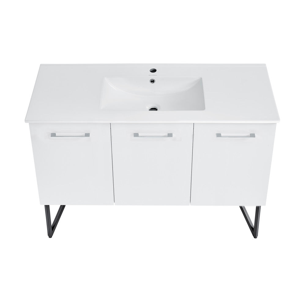 48-inch freestanding bathroom vanity in white with single sink and soft-close doors.