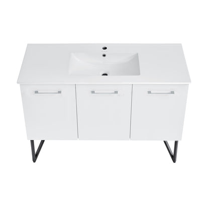 48-inch freestanding bathroom vanity in white with single sink and soft-close doors.