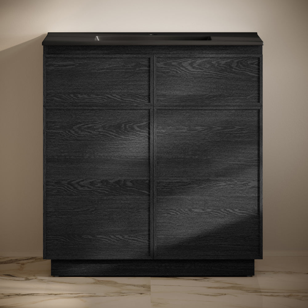 St. Tropez 36" Freestanding Bathroom Vanity in Black Oak with Black Sink Top