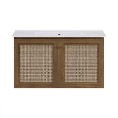 Classe 36" Wall-Mounted Bathroom Vanity in Brown Oak with Widespread Faucet Holes Vanity Top