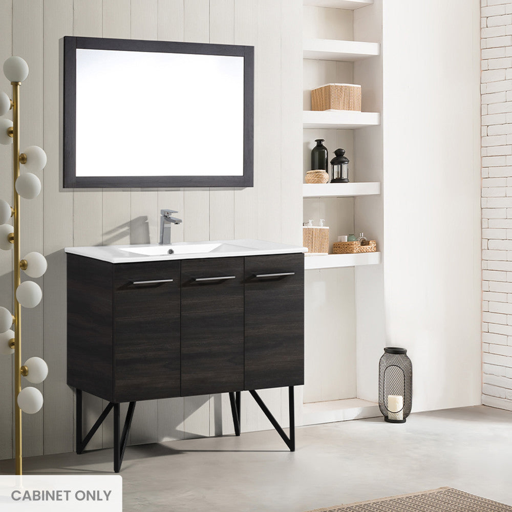 36-inch freestanding bathroom vanity in black walnut, soft-close doors, cabinet only.