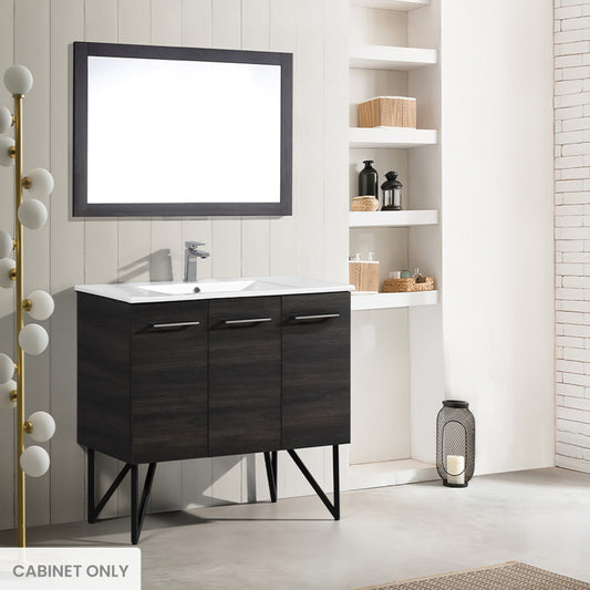 36-inch freestanding bathroom vanity in black walnut, soft-close doors, cabinet only.